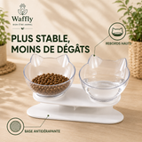 Gamelles doubles sur support antidérapant, avec rebords hauts pour limiter les aliments et l’eau renversés.