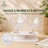 gamelle double avec bols amovibles en forme de tête de chat, faciles à retirer, à nettoyer et compatibles avec le lave-vaisselle.