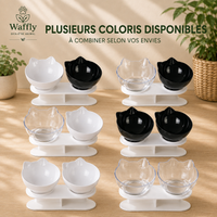 Gamelle double surélevée disponible en plusieurs combinaisons de couleurs de bols blancs, noirs et transparents.