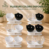 Gamelle double surélevée disponible en plusieurs combinaisons de couleurs de bols blancs, noirs et transparents.