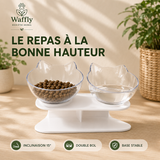 Gamelles doubles surélevées et inclinées à 15° pour chat et petits chien, support stable, plusieurs coloris au choix.