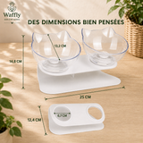 Dimensions de la gamelle double surélevée pour chat : support de 25 cm de long, profondeur de 12,4 cm et hauteur de 14,8 cm.
