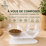 Gamelle double modulable pour eau et croquettes, croquettes et pâtée, ou deux repas pour deux chats.