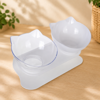 Gamelle double surélevée avec support antidérapant, bols en forme de tête de chat, support blanc, un bol blanc et un bol transparent.