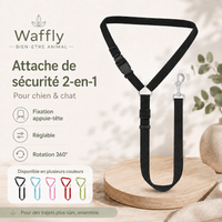 Attache de sécurité 2-en-1 noire pour chien et chat, réglable, avec fixation appuie-tête et mousqueton rotatif à 360 degrés.