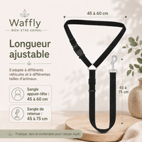 Dimensions de l’attache de sécurité pour animaux avec sangle appuie-tête réglable de 45 à 60 cm et sangle de retenue de 45 à 75 cm.