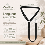 Dimensions de l’attache de sécurité pour animaux avec sangle appuie-tête réglable de 45 à 60 cm et sangle de retenue de 45 à 75 cm.